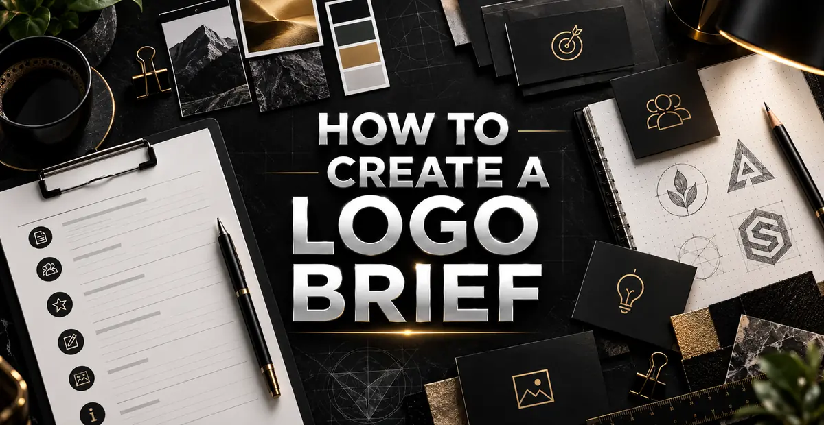 Top-down workspace with a structured logo brief, geometric sketches and neutral gold color swatches