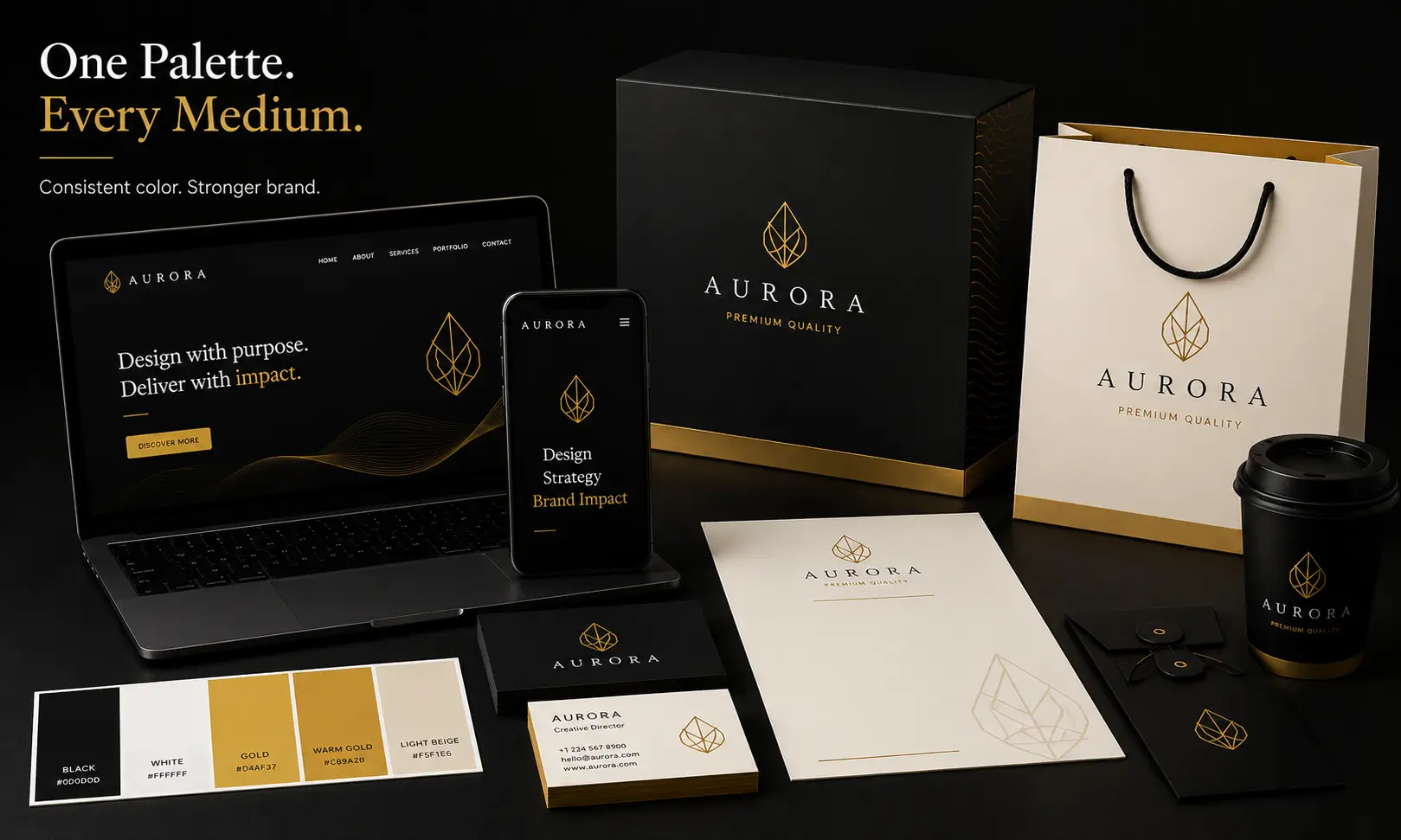 Brand colors applied consistently across digital screens, packaging and printed materials