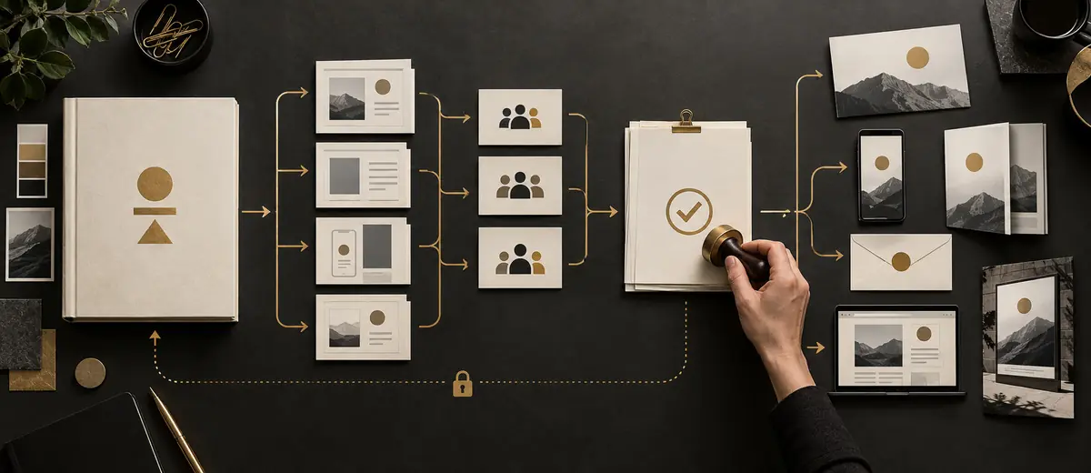 Brand governance workflow connecting approved guidelines, templates, teams, review and customer touchpoints