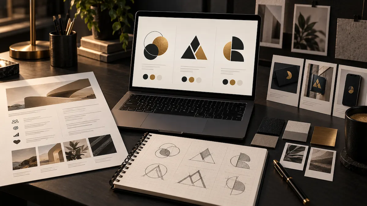 Designer workspace turning an organized brief into three distinct geometric logo directions and application mockups
