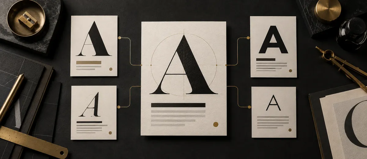 Typography planning desk with one anchor typeface connected to display, body, interface and caption roles