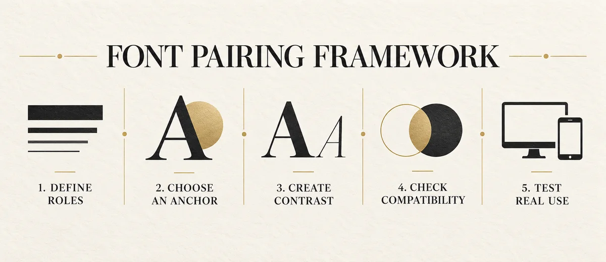 Five-part font-pairing decision framework covering roles, anchor, contrast, compatibility and testing