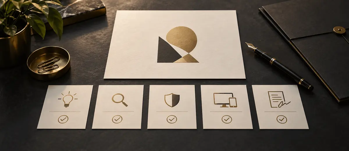 Abstract logo beside approval cards representing originality, trademark search, ownership, applications and sign-off