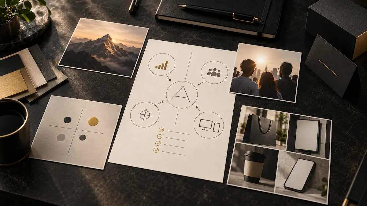 Logo brief strategy worksheet connecting business goals, audience insights, positioning and real-world applications