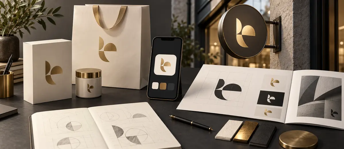 Original geometric logo system applied consistently to packaging, mobile interface, signage and printed material