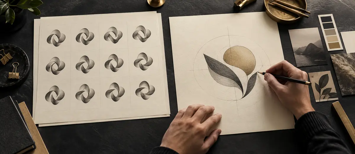 Design desk comparing overly uniform generated logo sketches with a refined human-led identity direction