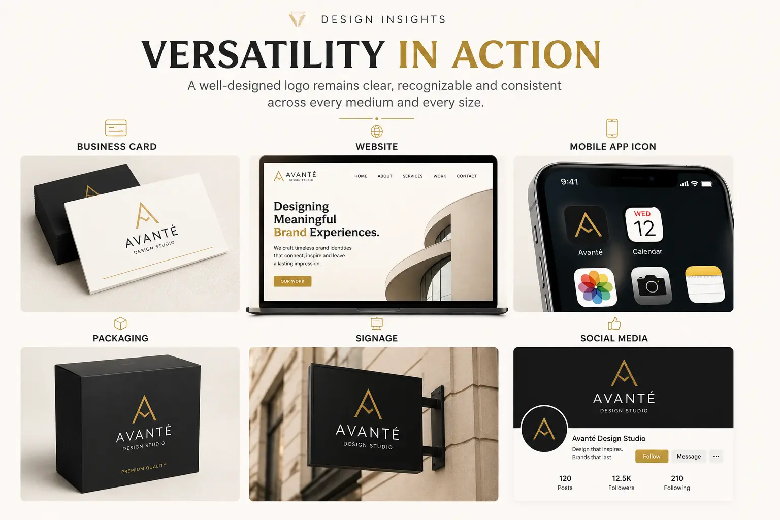 A versatile logo displayed consistently across business cards, websites, mobile apps, packaging, signage and social media.