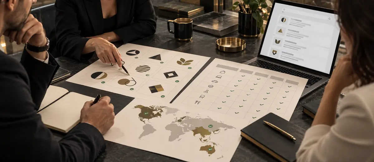 Brand team reviewing abstract logo candidates, market territories and clearance checks