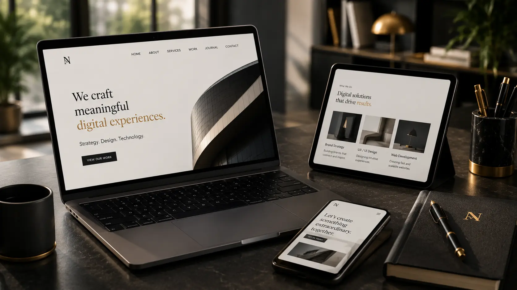 Responsive typography displayed consistently across a laptop, tablet and smartphone in a modern workspace