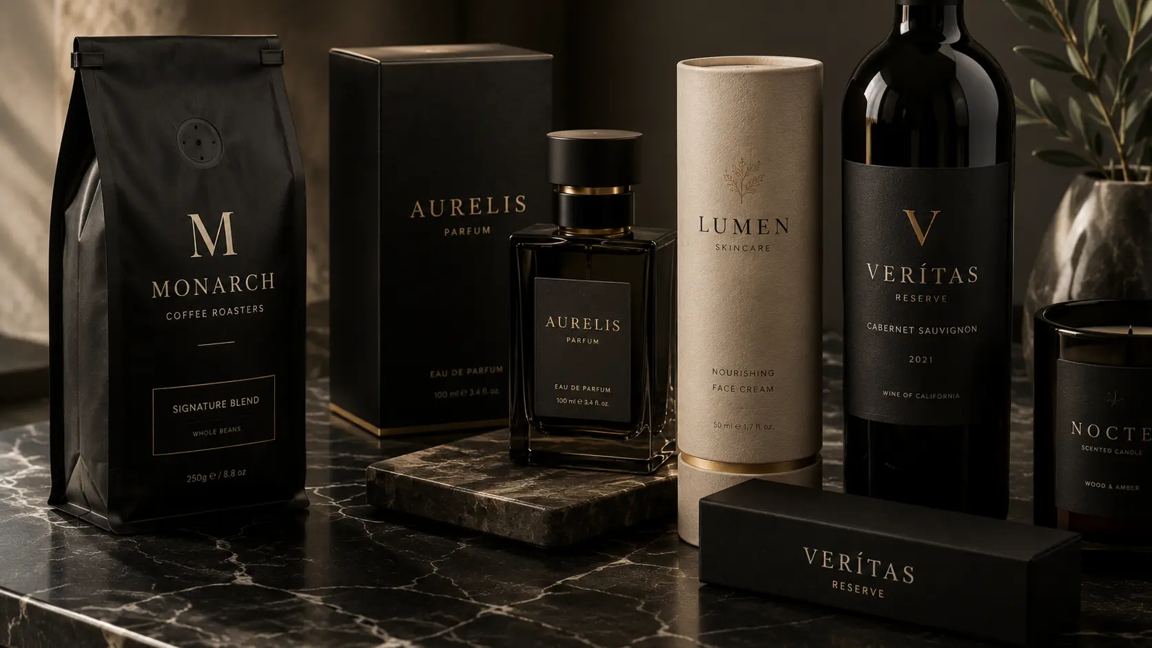 Premium product packaging demonstrating consistent typography across coffee, cosmetics, fragrance and luxury goods