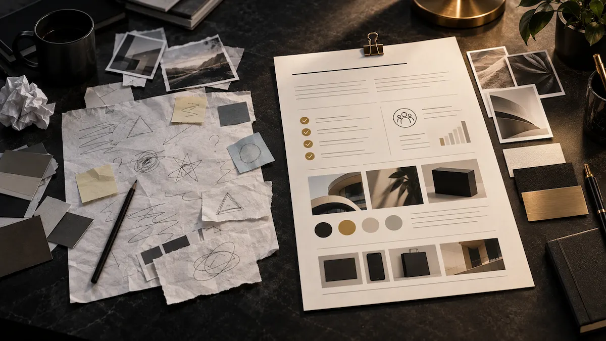 Disorganized logo brief notes beside a structured brief with audience, goals, references and application examples