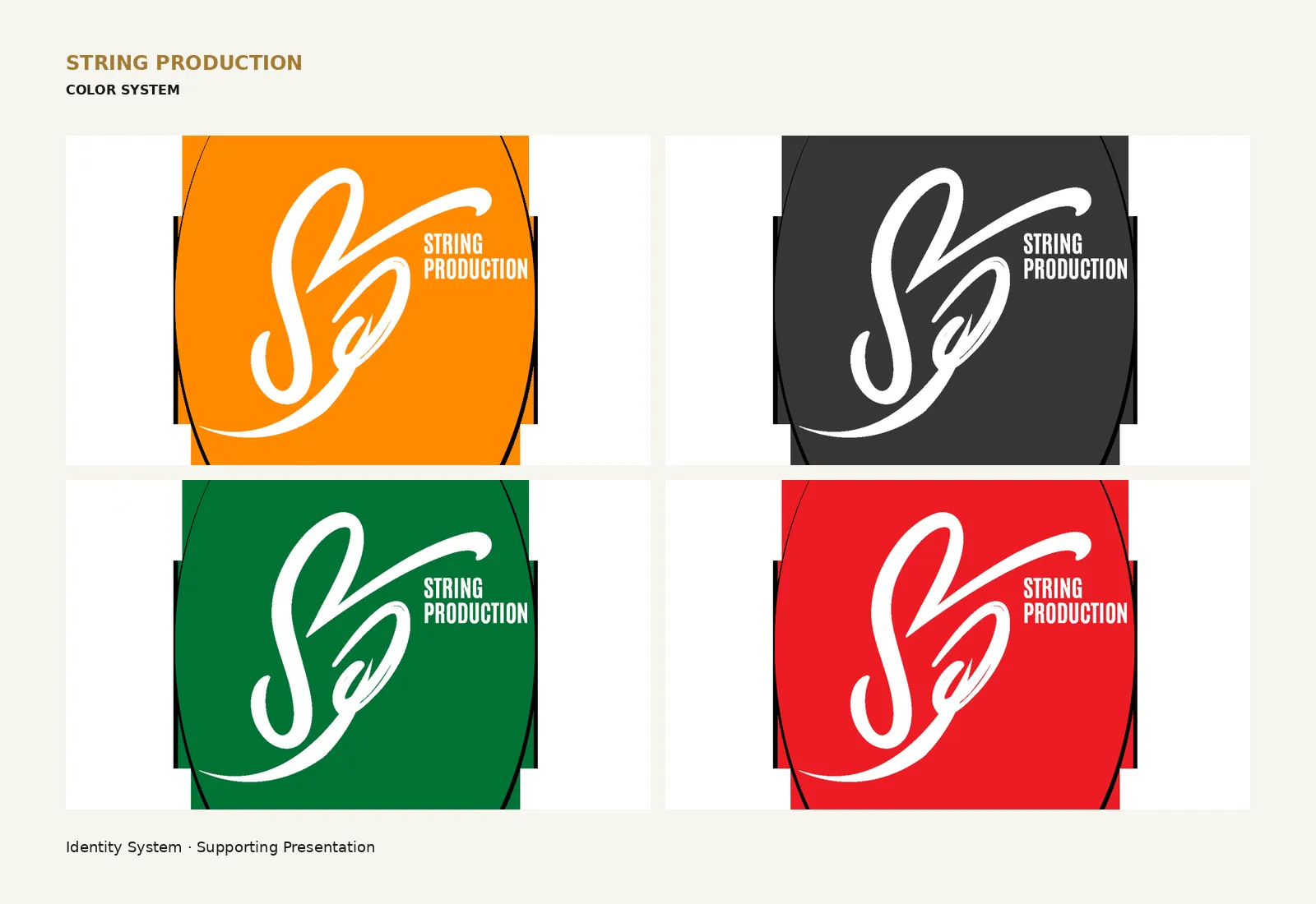 String Production identity shown in four color environments